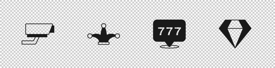 Set Security camera, Joker playing card, Slot machine with jackpot and Diamond icon. Vector