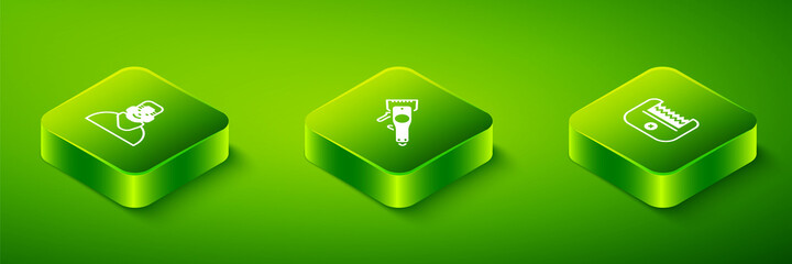 Set Isometric Electrical hair clipper, and Client in barbershop icon. Vector