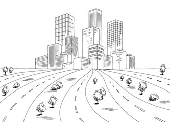 Many roads to the city graphic black white landscape sketch illustration vector