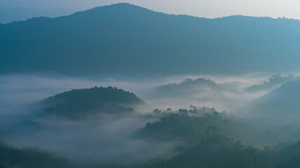 Beautiful landscape of mountain range and forest-covered by low clouds with visible silhouettes over the hill blue fog.