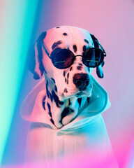 portrait of a dog in sunglasses, dalmatian in neon