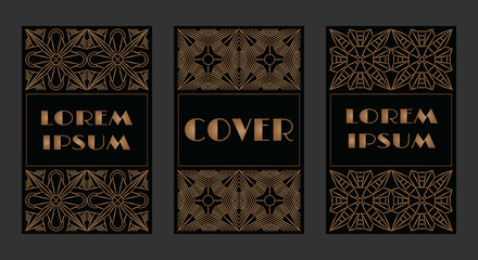 Set of decorative openwork rectangular frames or covers with gold snowflake pattern. Elegant design elements. Template for luxury packaging, black label, poster, card, cover, ad, etc. EPS10 #05