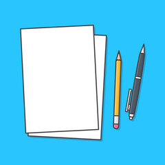 Paper Sheets With Pencil And Pen Vector Icon Illustration. Blank Note Paper Flat Icon