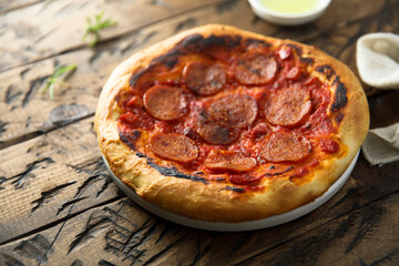 Traditional pepperoni pizza on the wooden desk