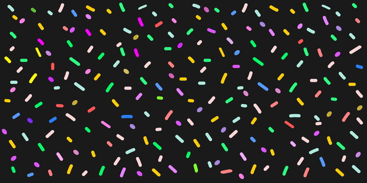 Black background with colorful confetti and sprinkles, colorful pattern, bright colors illustration