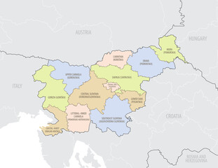 Detailed map of location of Slovenia in Europe with the administrative divisions of country, vector illustration