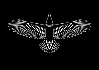 Engraving of stylized raven. Soaring Raven. Decorative bird. Linear drawing. Flying bird. Stencil art.