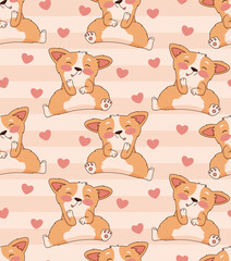 Seamless pattern with cute corgi dogs and hearts