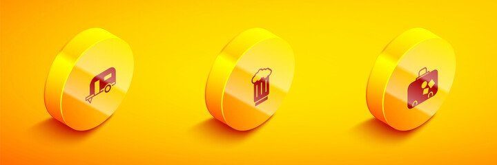 Set Isometric Rv Camping trailer, Wooden beer mug and Suitcase icon. Vector