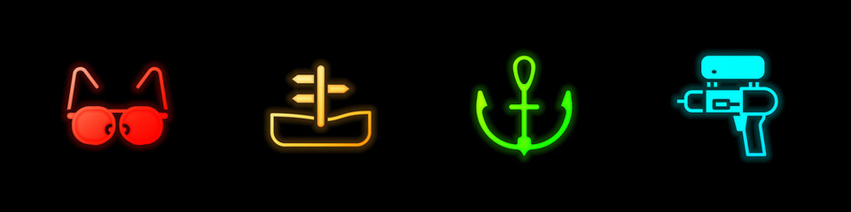 Set Glasses, Road traffic sign, Anchor and Water gun icon. Vector