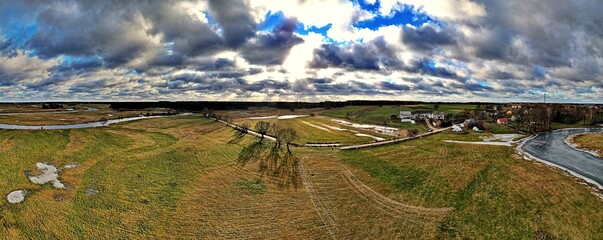 Panorama.View of the frozen Narew River and its surroundings.