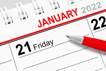 Calendar 2022 January 21 Friday and red pen - Powered by Adobe