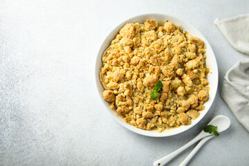 Traditional homemade crumble dessert with fresh mint