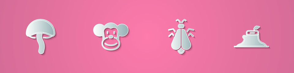 Set paper cut Mushroom, Monkey, Mosquito and Tree stump icon. Paper art style. Vector