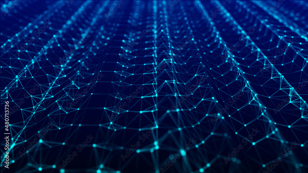 Poster dynamic flow of digital particles. network connection structure. big data visualization. 3d renderin