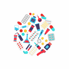 A set of medical instruments, medicines and pills in the shape of a circle isolated on a white background. Vector illustration in cartoon and flat style. Good for banner, social media advertising, web