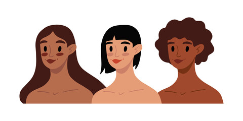 Different ethnicity female faces. International Women's Day, 8 March greeting card. Feminism and sisterhood concept. Diverse multiethnic girls