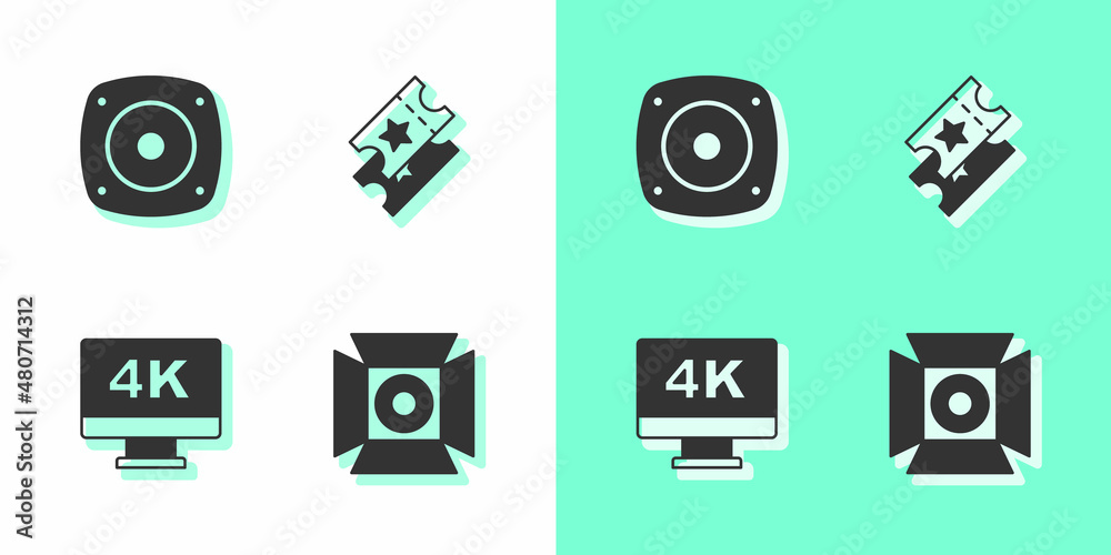 Canvas Prints set movie spotlight, stereo speaker, screen tv with 4k and cinema ticket icon. vector