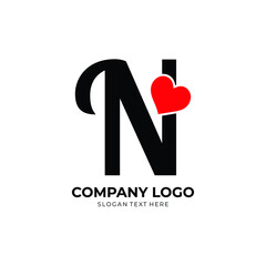 N letter logo with heart icon, Happy Valentines initial N logo, Valentines Day greeting card banner logo template