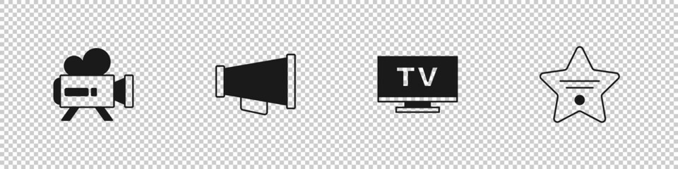Set Retro cinema camera, Megaphone, Smart Tv and Walk of fame star icon. Vector