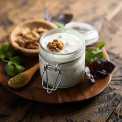 Homemade yogurt sauce with walnut and spices