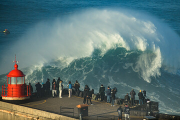 A big wave at Praia do Norte Beach in Nazare. 2022/01/08