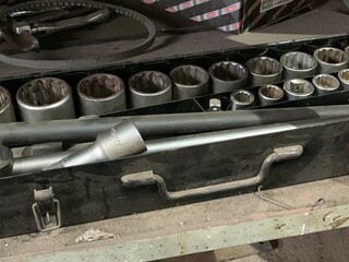 Professional tools for working in a car service. Tool Set Craftsman, mechanical tools. Key for auto mechanic.