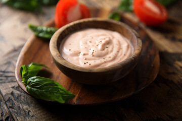 Traditional homemade mayo sauce with tomato