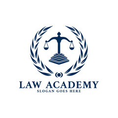 Law Firm Academy Logo Design with Bay Leaf Balance Book Icon Vector