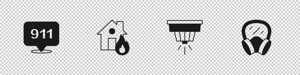 Set Emergency call 911, Fire in burning house, Smoke alarm system and Gas mask icon. Vector