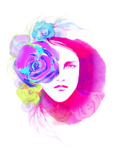 女性の顔のイラスト　花　カラフル　水彩
ファッションイラスト　ピンク