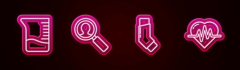 Set line Measuring cup, Medical analysis, Inhaler and Heart rate. Glowing neon icon. Vector