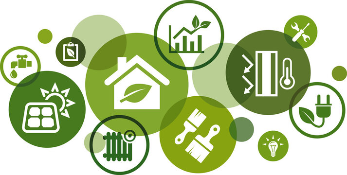 eco friendly remodel or construction / energy efficient renovation vector illustration. Concept with icons for sustainable green home improvement, ecological property restoration or interior design.