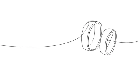 Photo sur Plexiglas Une ligne Anneaux de mariage dessin au trait vertical continu. Un dessin au trait d& 39 amour, de bagues, de mariage, d& 39 union de coeurs, de classique, de romance.