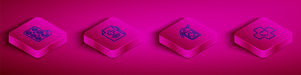 Set Isometric line Pills in blister pack, Medical prescription and pen, Cross hospital medical tag and Heart with cross icon. Vector