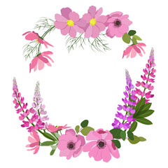 Decorative vector wreath of garden flowers, lupine, anemone, kosmea flowers with place for your text on a isolated background. For decorating postcards, invitations, web design.