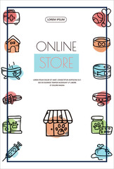 Doodle vector pet banner. Icons for the pet store, nursery. Hand drawn sketch illustration of dog and pet accessories elements bone, food, leash, training, caring, grooming a dog