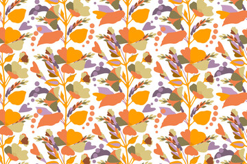 Fototapeta na wymiar Vector floral seamless pattern. Multicolored flowers, spikelets, twigs and leaves on a white background. 