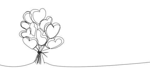 Heart-shaped balloon bouquet continuous line drawing. One line art of decoration, accessory, , holiday, romance, congratulate, surprise, heart. © sahs94
