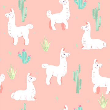 Seamless pattern with cute llamas. Vector graphics.