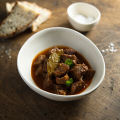 Traditional beef ragout with bay leaf