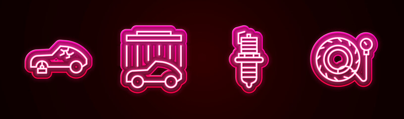 Set line Broken car, Car wash, spark plug and Tire pressure gauge. Glowing neon icon. Vector