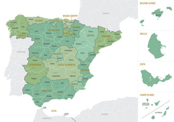 Detailed map of Spain with administrative divisions into Autonomous communities and autonomous cities and Provinces, major cities of country, vector illustration onwhite background