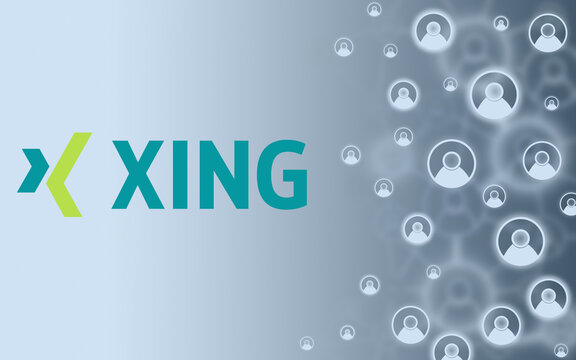 Xing Logo auf einem grauen Hintergrund mit symbolhaften verkn&uuml;pften Kontakten, Gesch&auml;ftskontakte, Netzwerk, Karriere, Business
