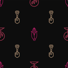 Set line Tree, Shovel and Corn on seamless pattern. Vector