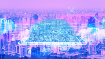 Fototapeta na wymiar Futuristic hologram city in cyber punk theme color in metaverse technology.