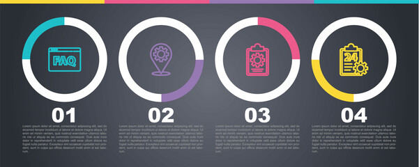 Set line Browser FAQ, Location with gear, Checklist 24 hours service and . Business infographic template. Vector