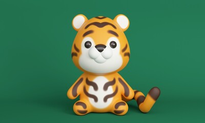 Cute little tiger sitting on green background. 3d rendering