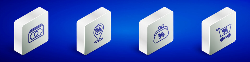 Set Isometric line Stacks paper money cash, Location with percent discount, Purse and Shopping cart icon. Vector