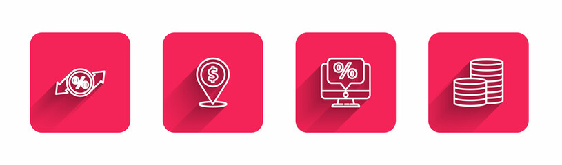 Set line Discount percent tag, Cash location, Percent discount and monitor and Coin money with long shadow. Red square button. Vector